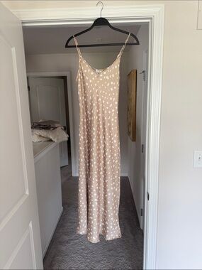 Spaghetti Strap Beige Polka Dot Maxi Slip Dress
